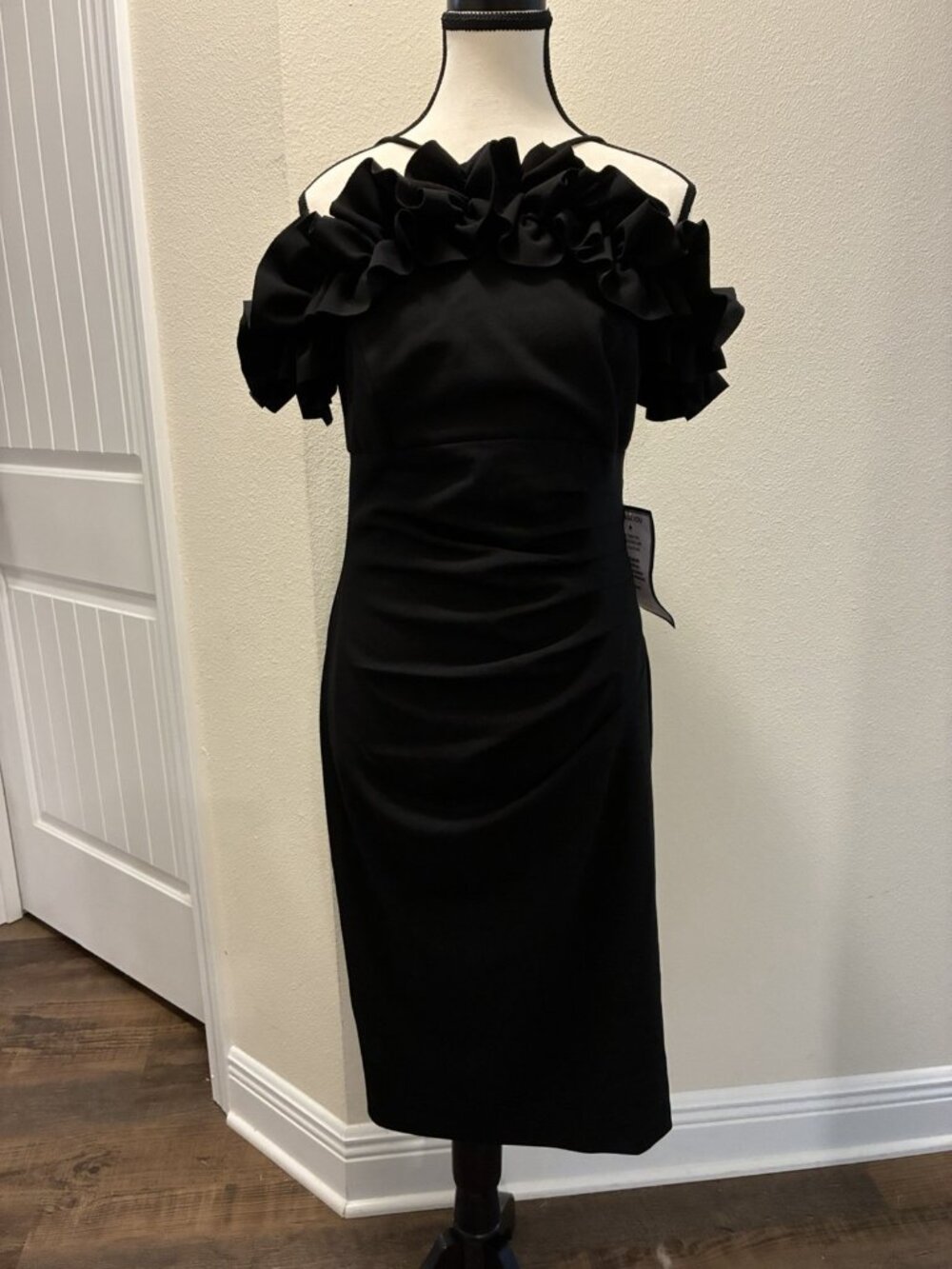 Xscape NATALIA Scuba Crepe Off The Shoulder Ruffle Neck Midi Dress In Black 8